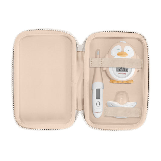 Miniland - Set di 3 termometri con astuccio Valencia – astuccio aperto con i tre termometri su sfondo bianco