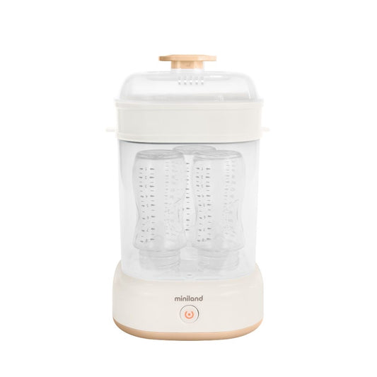 Miniland - Sterilizzatore a vapore Steamy – sterilizzatore con biberon in configurazione completa su sfondo bianco