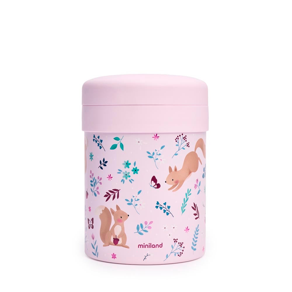 Miniland - Thermos portapappa Squirrel da 700ml – thermos portapappa rosa con scoiattoli su sfondo bianco