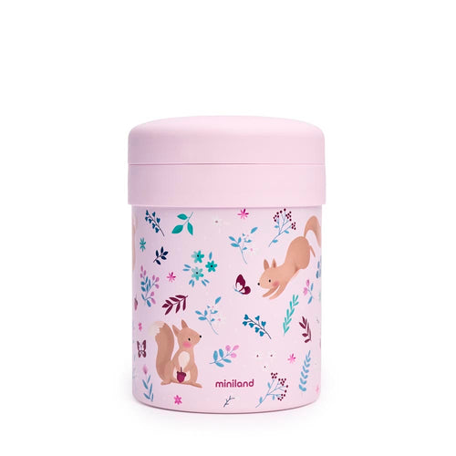 Miniland - Thermos portapappa Squirrel da 700ml – thermos portapappa rosa con scoiattoli su sfondo bianco