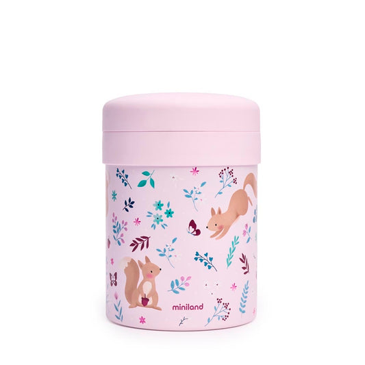 Miniland - Thermos portapappa Squirrel da 700ml – thermos portapappa rosa con scoiattoli su sfondo bianco