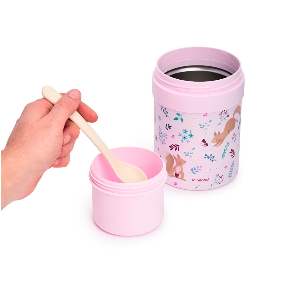 Miniland - Thermos portapappa Squirrel da 700ml – cucchiaino nel contenitore interno accanto al thermos aperto