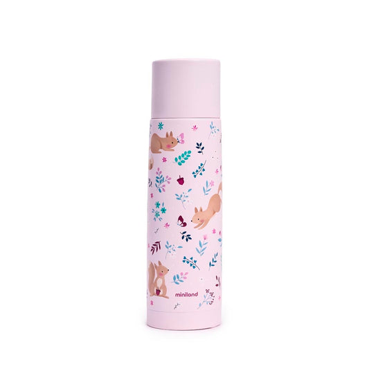 Miniland - Thermos per liquidi Squirrel da 500ml – thermos rosa con scoiattoli su sfondo bianco