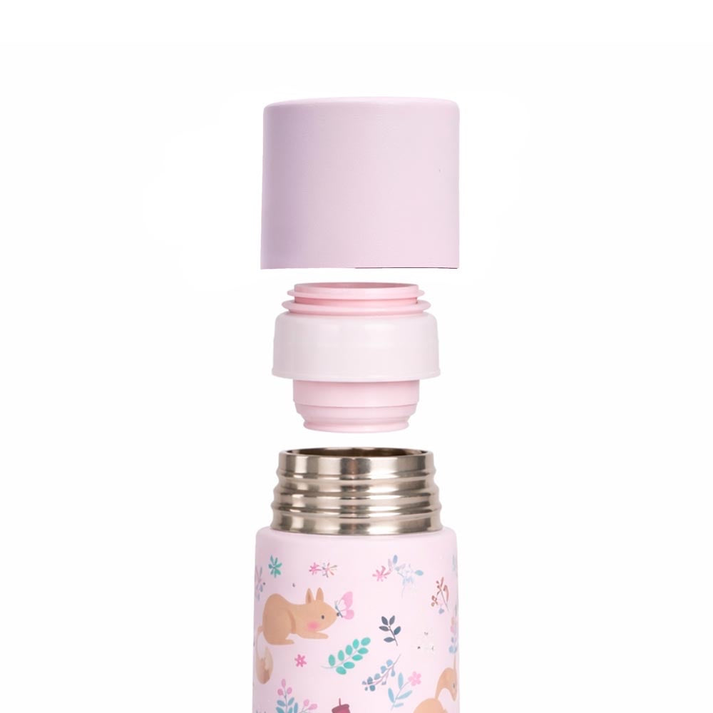 Miniland - Thermos per liquidi Squirrel da 500ml – tappo e chiusura smontati sopra il thermos aperto