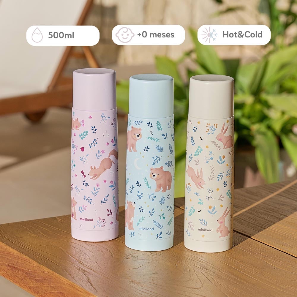 Miniland - Thermos per liquidi Squirrel da 500ml – infografica 500 ml, +0 mesi, caldo e freddo con i tre thermos Bear, Rabbit e Squirrel