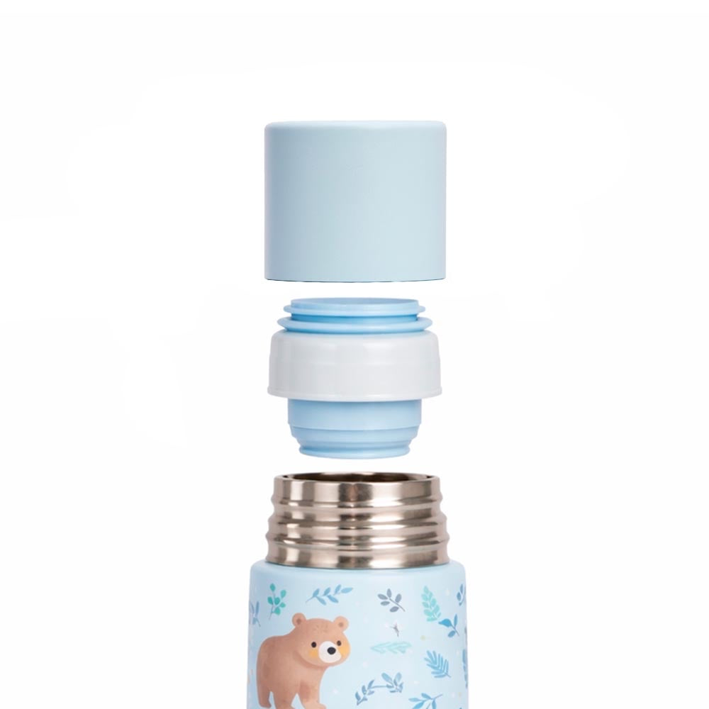 Miniland - Thermos per liquidi Bear da 500ml – tappo e chiusura smontati sopra il thermos aperto