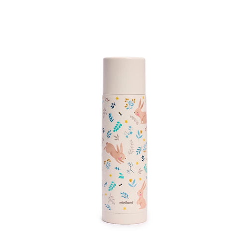 Miniland - Thermos per liquidi Rabbit da 500ml – thermos color panna con coniglietti su sfondo bianco