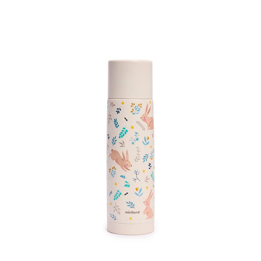 Miniland - Thermos per liquidi Rabbit da 500ml – thermos color panna con coniglietti su sfondo bianco