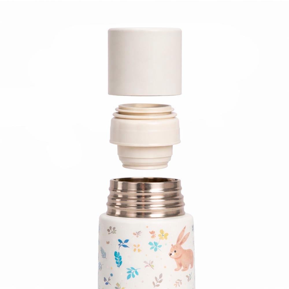 Miniland - Thermos per liquidi Rabbit da 500ml – tappo e chiusura smontati sopra il thermos aperto