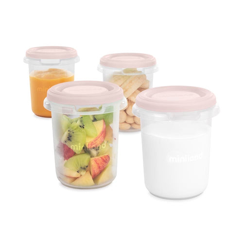 Miniland - Set 4 contenitori ermetici candy – quattro contenitori con pappe su sfondo bianco