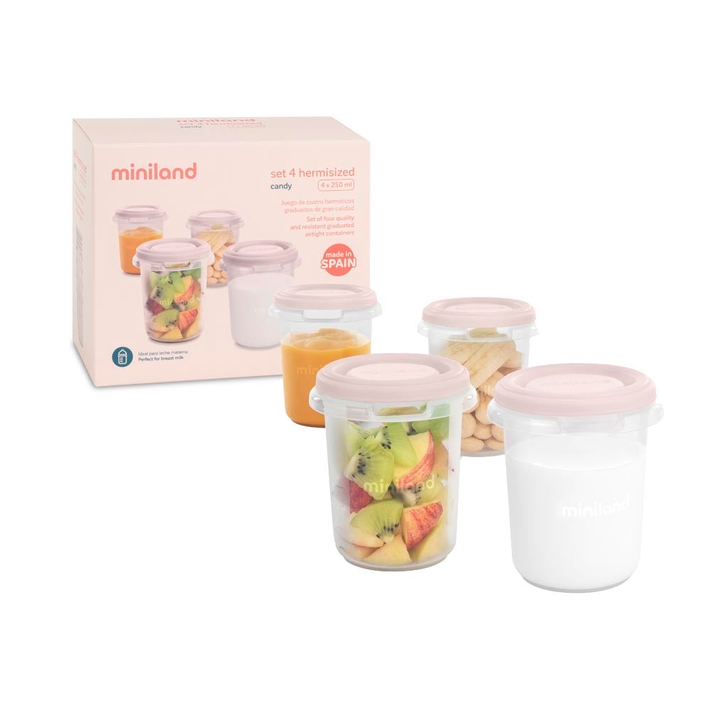 Miniland - Set 4 contenitori ermetici candy – contenitori con pappe accanto alla confezione