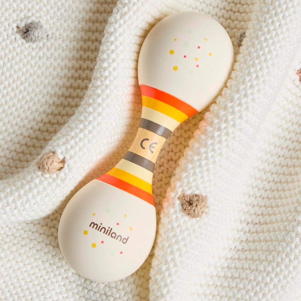 Miniland - Soft duo rattle – sonaglio adagiato su una coperta in maglia