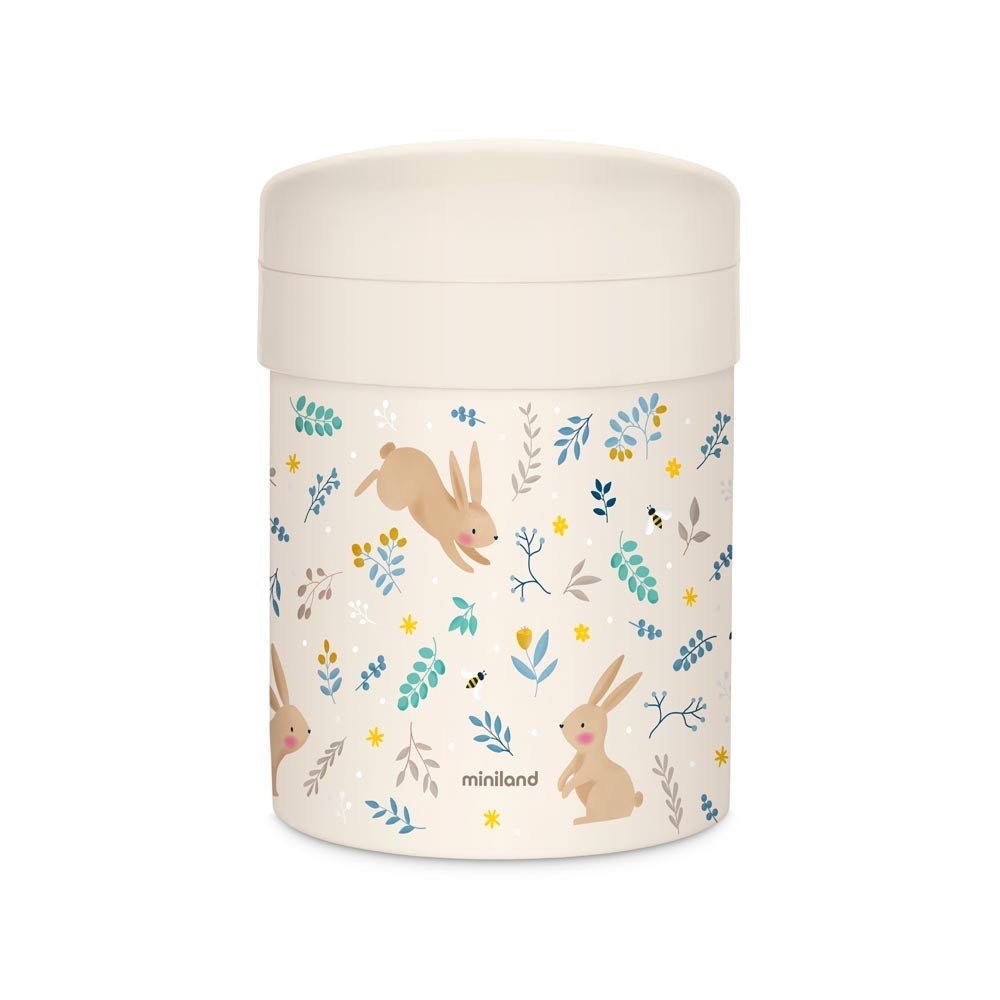 Miniland - Thermos portapappa Rabbit da 700ml – thermos portapappa color panna con coniglietti su sfondo bianco