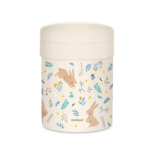 Miniland - Thermos portapappa Rabbit da 700ml – thermos portapappa color panna con coniglietti su sfondo bianco