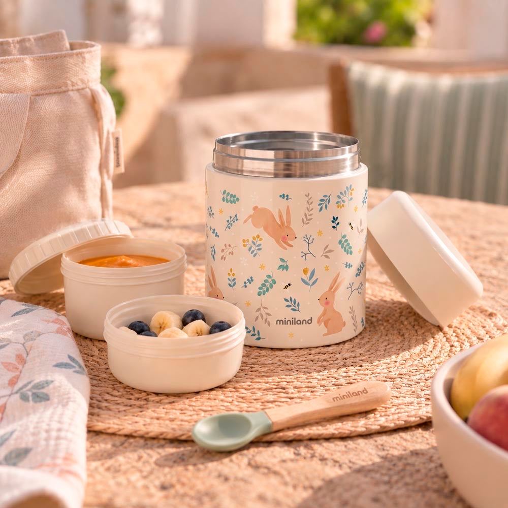 Miniland - Thermos portapappa Rabbit da 700ml – thermos aperto con contenitori di pappa e frutta e cucchiaino