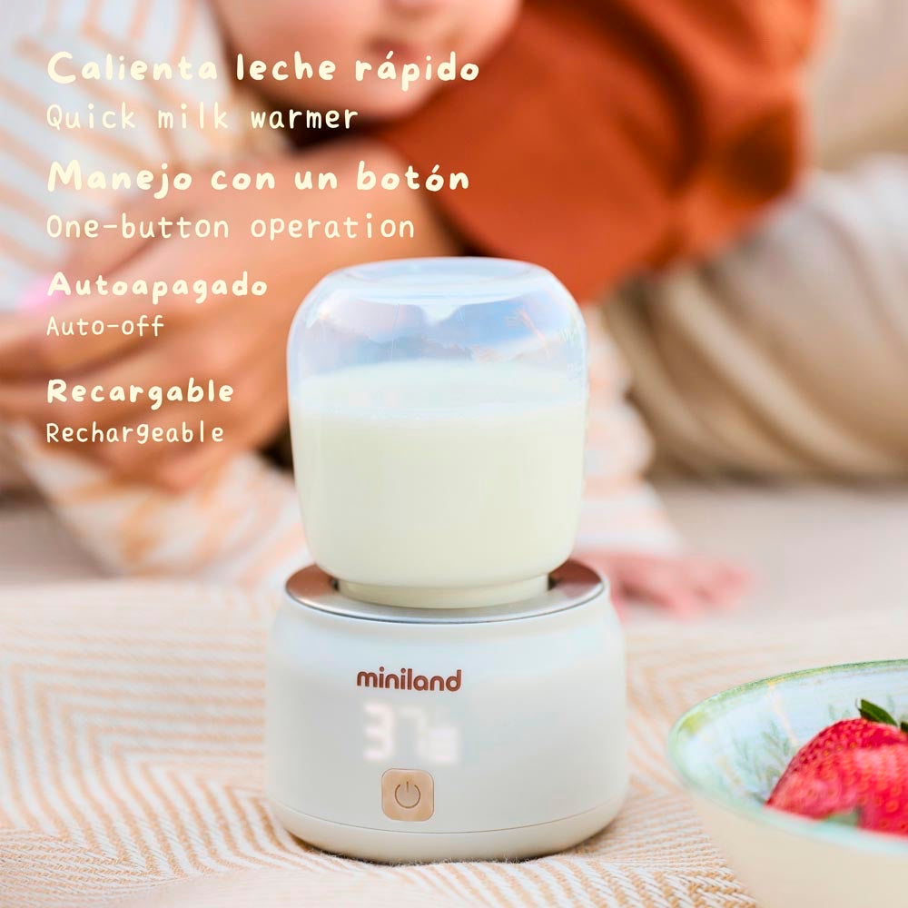 Miniland - Scaldabiberon portatile Warmy on the Go Plus – infografica: riscaldamento rapido, un solo pulsante, spegnimento automatico, ricaricabile