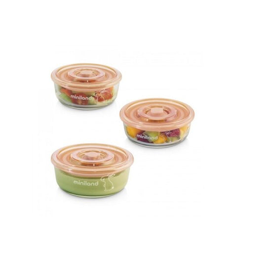 Miniland - Set di 3 contenitori naturround in vetro bunny arancioni