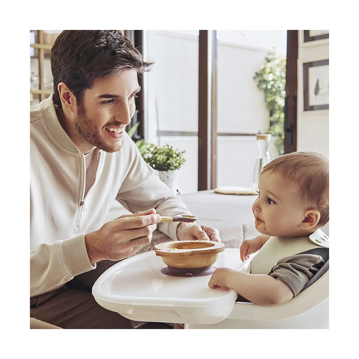 Miniland - Piatto in bambù con ventosa uccellino + cucchiaio