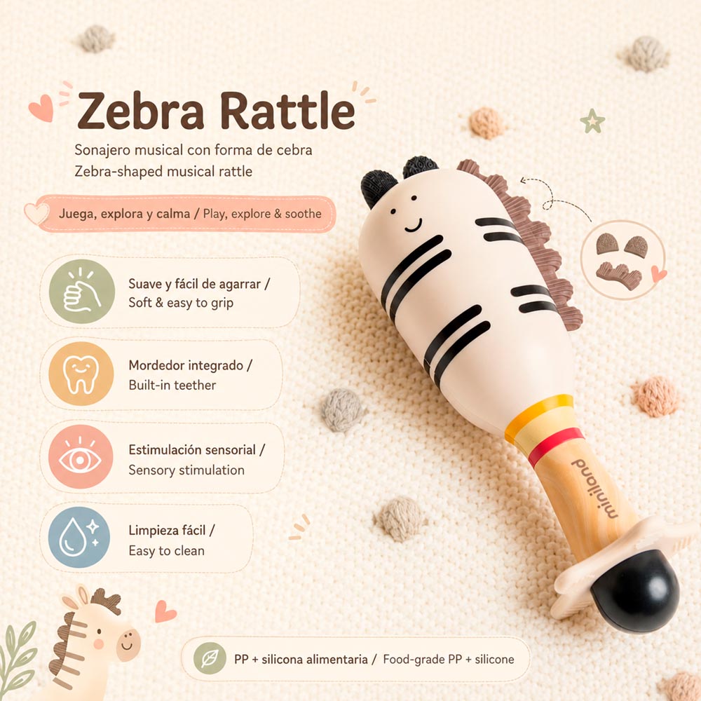 Miniland - Zebra rattle – caratteristiche principali: presa facile, area dentizione, stimolazione sensoriale